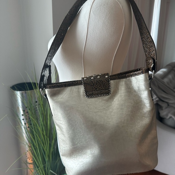 Western Style tooled Floral Faux Leather with Rhinestone buckle shoulder bag - Picture 10 of 15